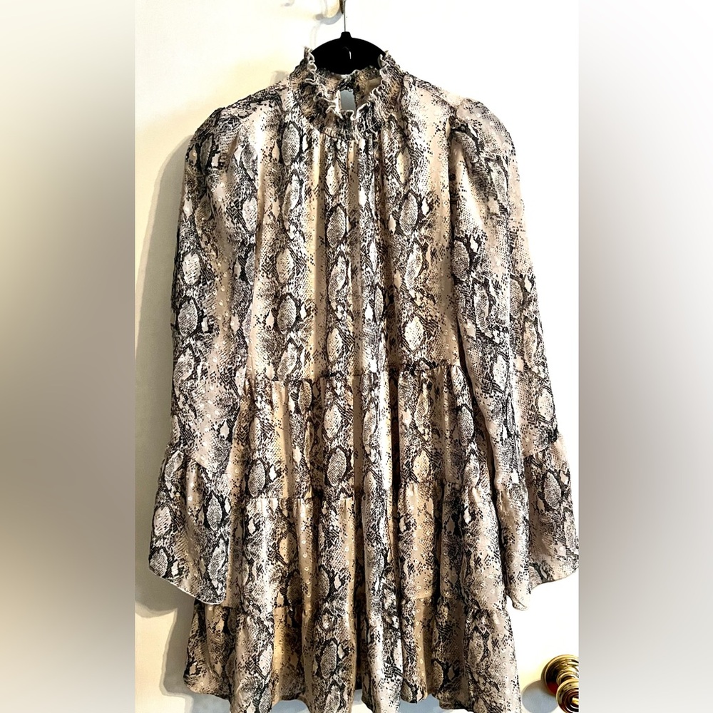 Altar’d State Snakeskin Ruffle Mock Neck Long Sleeve Babydoll Mini Dress-Size L